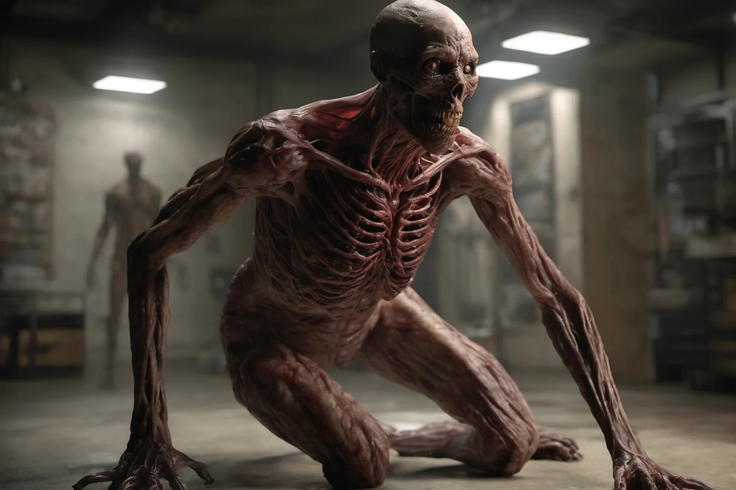 A gaunt mutated creature stands in an abandoned industrial room